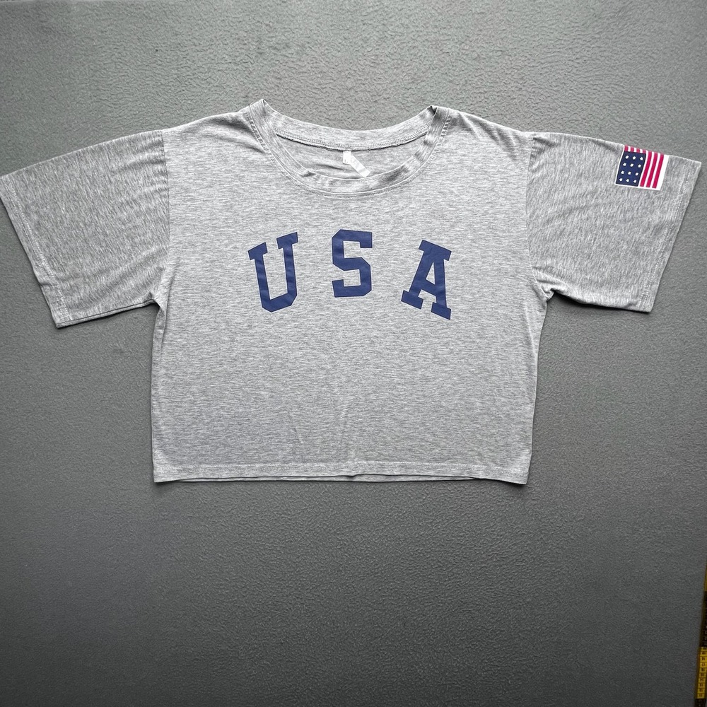 Women‎ Crop Top baby T USA Graphic Cotton Blend Gray Large Patriotic Sporty